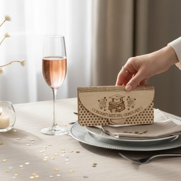 Holz‑Umschlag aus Sperrholz mit modernem Schriftzug ‚congratulations gratulate‘, ideal für Geldgeschenke und Gutscheine.